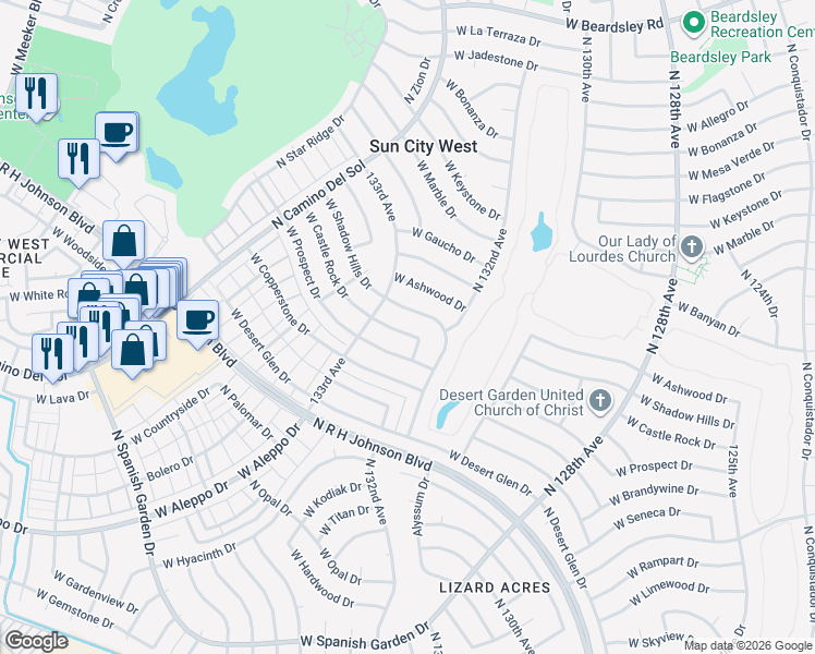 map of restaurants, bars, coffee shops, grocery stores, and more near 13230 West Prospect Drive in Sun City West