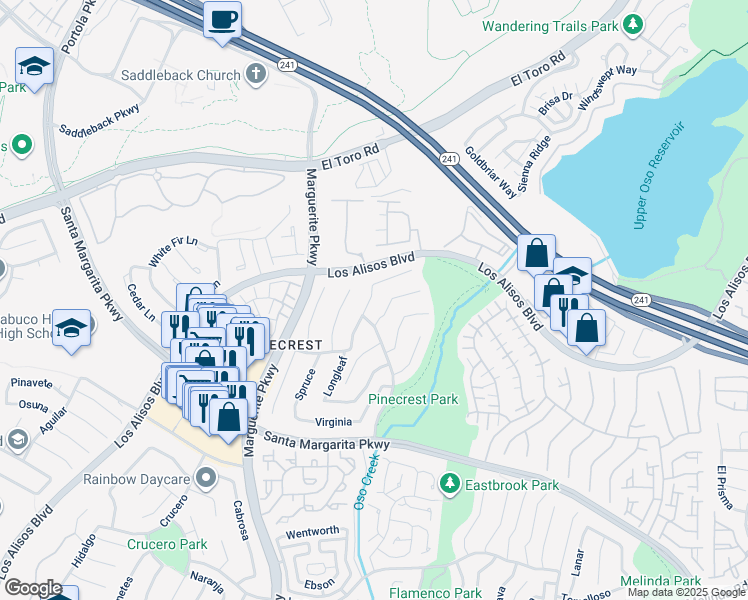 map of restaurants, bars, coffee shops, grocery stores, and more near 21096 Ponderosa in Mission Viejo