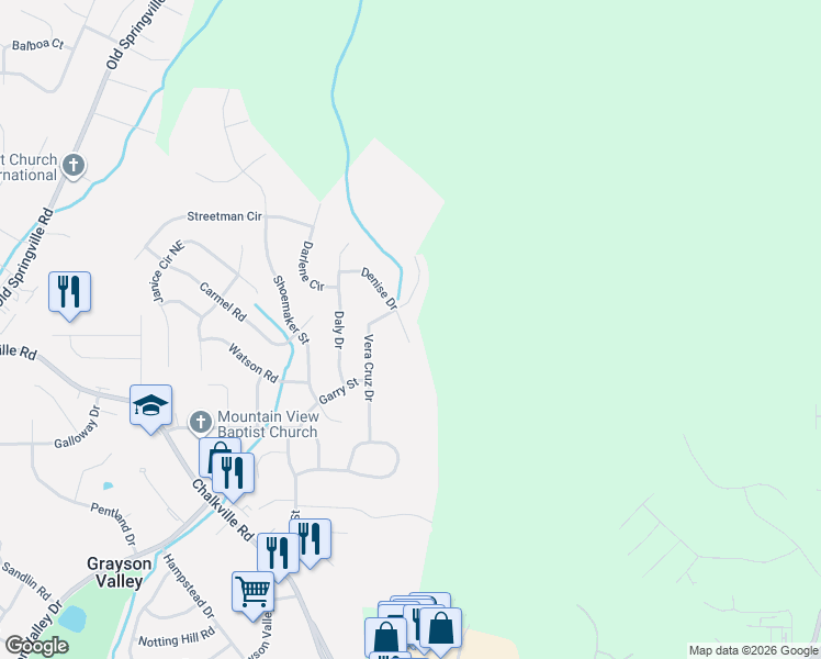 map of restaurants, bars, coffee shops, grocery stores, and more near 2616 Denise Drive in Birmingham