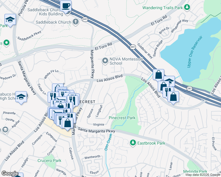 map of restaurants, bars, coffee shops, grocery stores, and more near 21096 Ponderosa in Mission Viejo