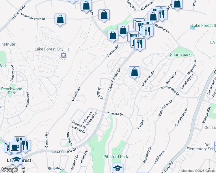 map of restaurants, bars, coffee shops, grocery stores, and more near 26151 Owl Court in Lake Forest