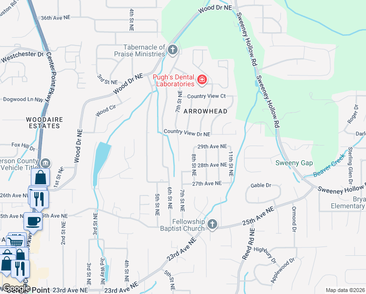 map of restaurants, bars, coffee shops, grocery stores, and more near 2721 7th Place Northeast in Center Point