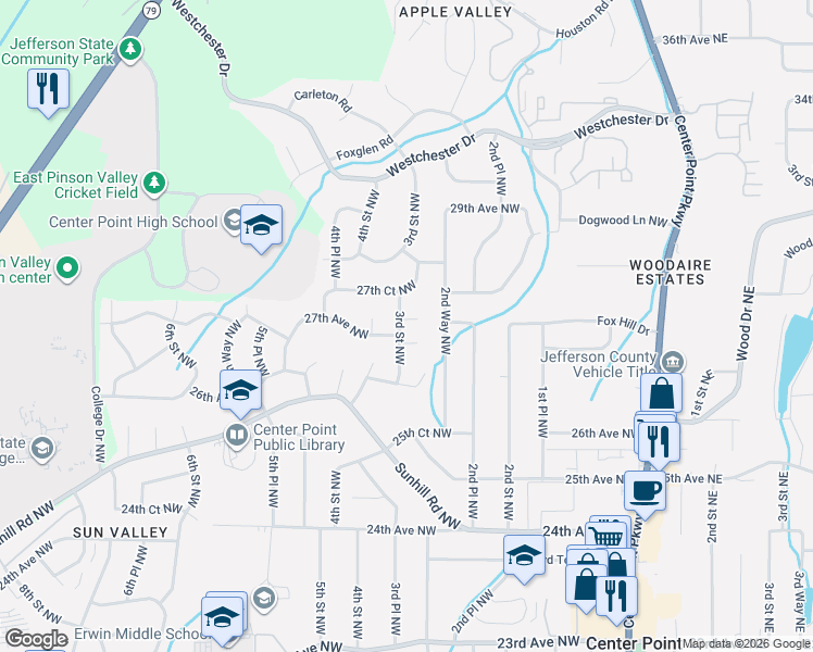map of restaurants, bars, coffee shops, grocery stores, and more near 2637 3rd Street Northwest in Center Point