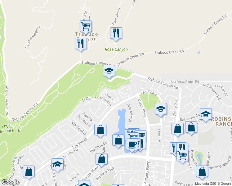 map of restaurants, bars, coffee shops, grocery stores, and more near 3 Lobelia in Rancho Santa Margarita
