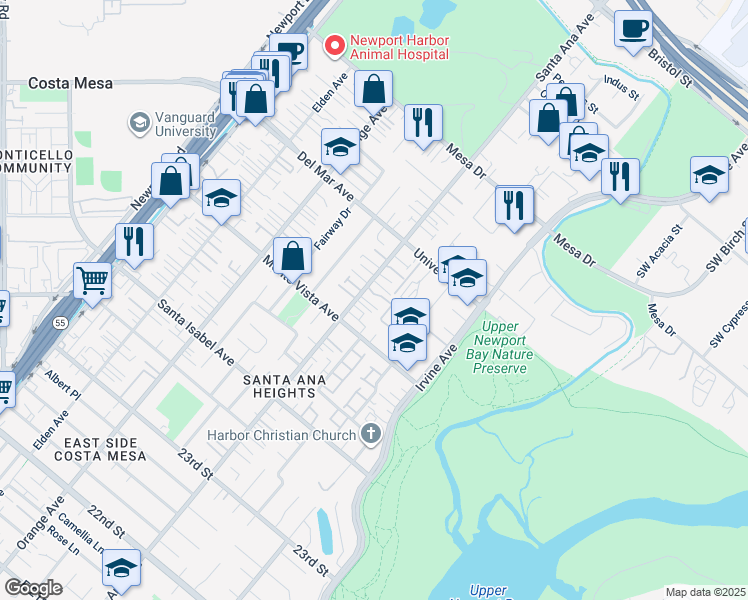map of restaurants, bars, coffee shops, grocery stores, and more near 2545 Back Bay Loop in Costa Mesa