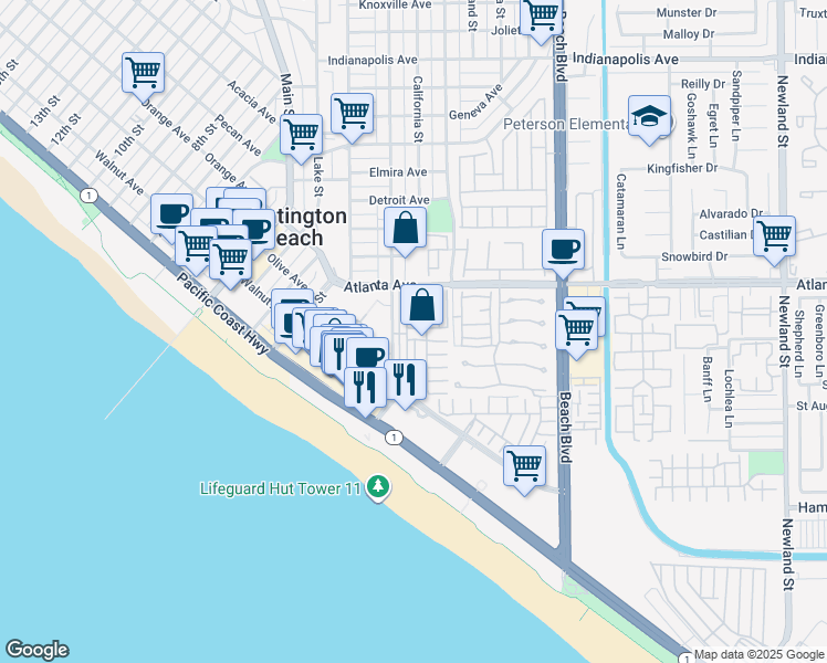 map of restaurants, bars, coffee shops, grocery stores, and more near 80 Huntington Street in Huntington Beach