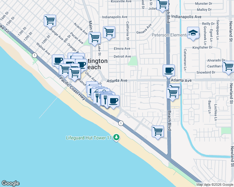 map of restaurants, bars, coffee shops, grocery stores, and more near 21050 Pacific City Circle in Huntington Beach
