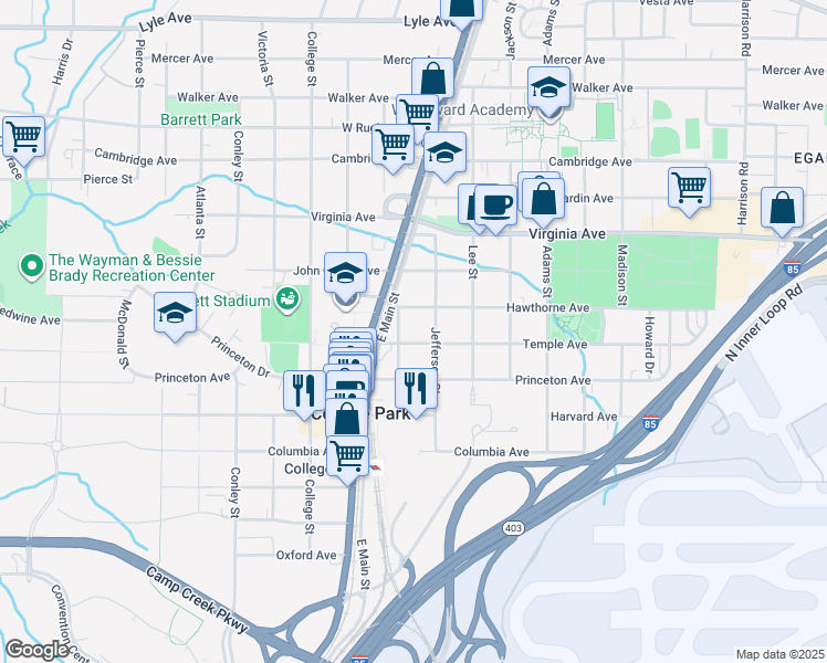 map of restaurants, bars, coffee shops, grocery stores, and more near 1770 Temple Avenue in College Park