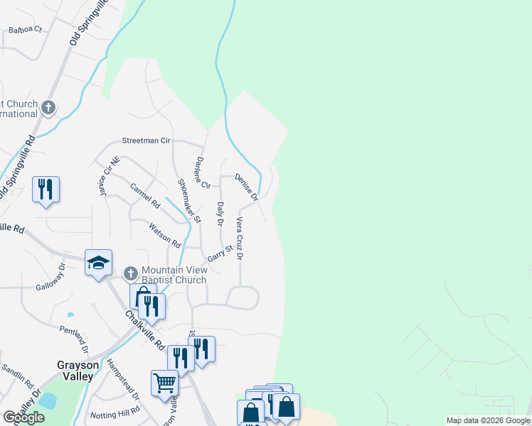 map of restaurants, bars, coffee shops, grocery stores, and more near 2616 Denise Drive in Birmingham