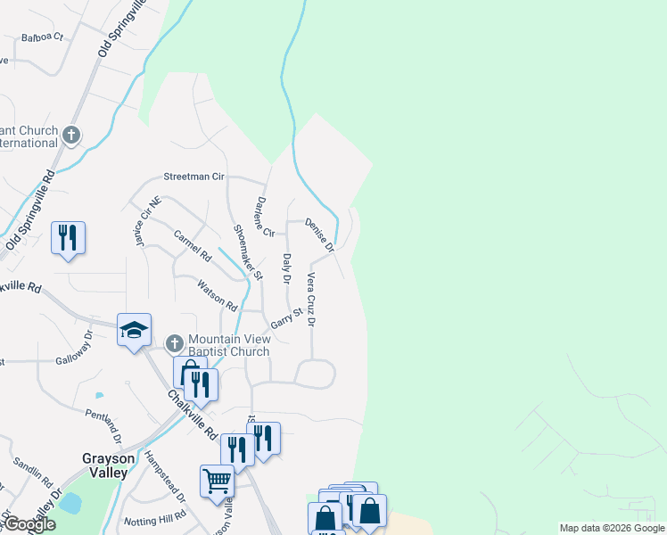 map of restaurants, bars, coffee shops, grocery stores, and more near 2616 Denise Drive in Birmingham