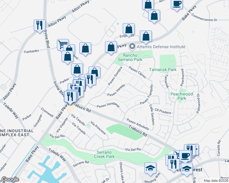 map of restaurants, bars, coffee shops, grocery stores, and more near 24892 Avenida Libre in Lake Forest