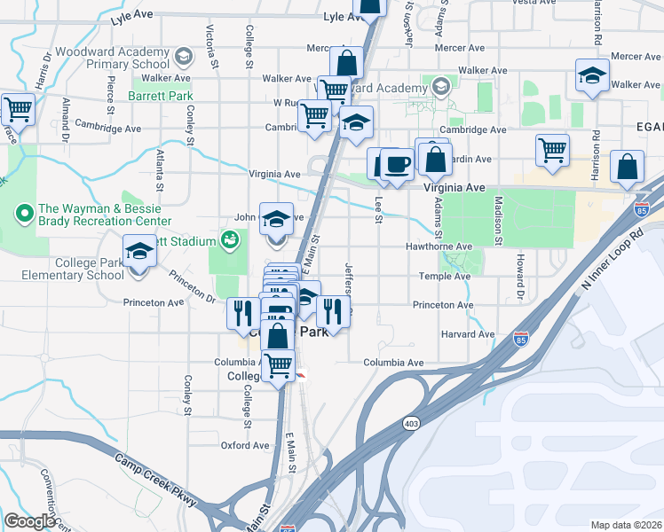 map of restaurants, bars, coffee shops, grocery stores, and more near 1770 Temple Avenue in College Park