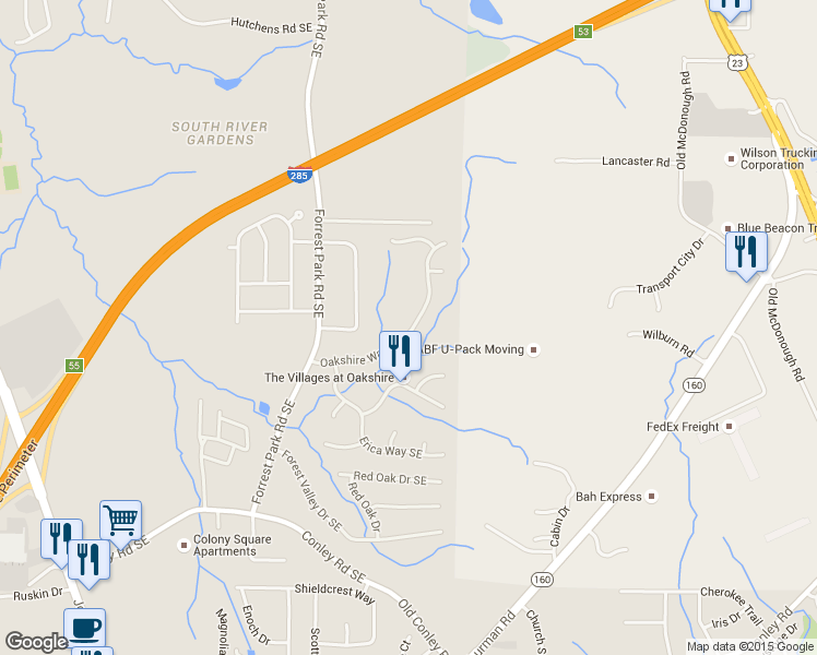 map of restaurants, bars, coffee shops, grocery stores, and more near 3547 Oakshire Way Southeast in Atlanta