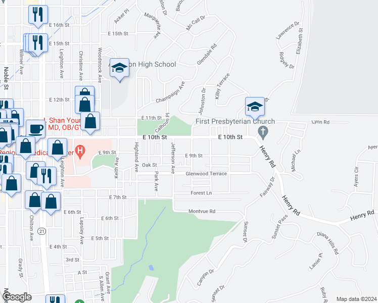 map of restaurants, bars, coffee shops, grocery stores, and more near 904 Kirkwood Avenue in Anniston