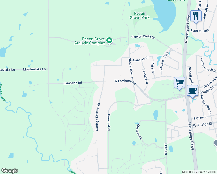 map of restaurants, bars, coffee shops, grocery stores, and more near 210 Carriage Estates Road in Sherman