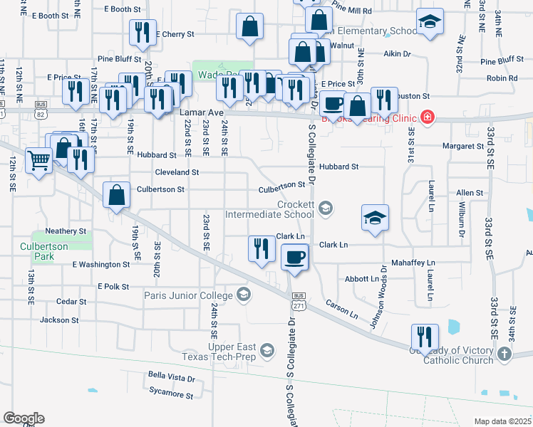 map of restaurants, bars, coffee shops, grocery stores, and more near 2535 Clark Lane in Paris