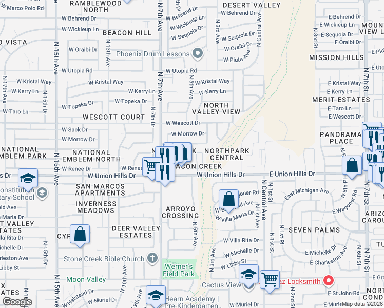 map of restaurants, bars, coffee shops, grocery stores, and more near 18612 North 4th Drive in Phoenix