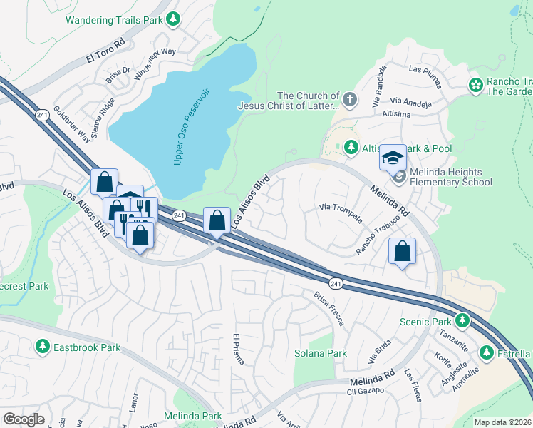 map of restaurants, bars, coffee shops, grocery stores, and more near 21022 Los Alisos Boulevard in Rancho Santa Margarita