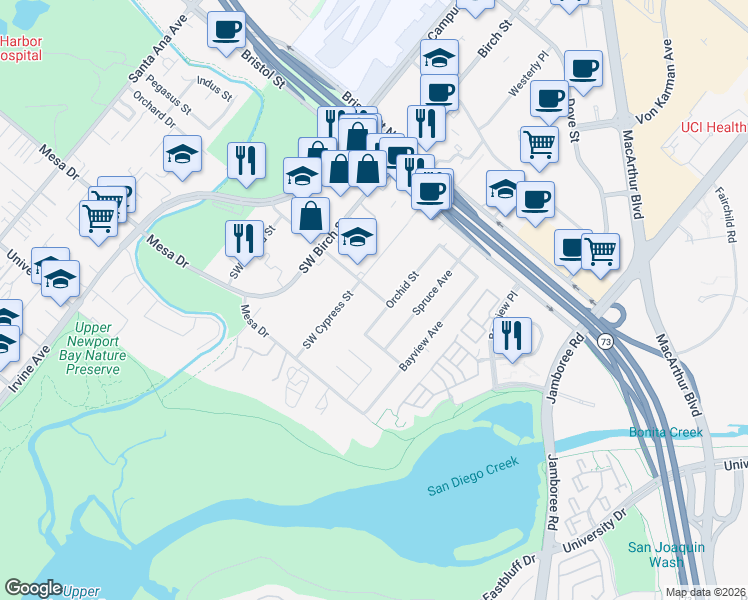 map of restaurants, bars, coffee shops, grocery stores, and more near 20301 Orchid Street in Newport Beach