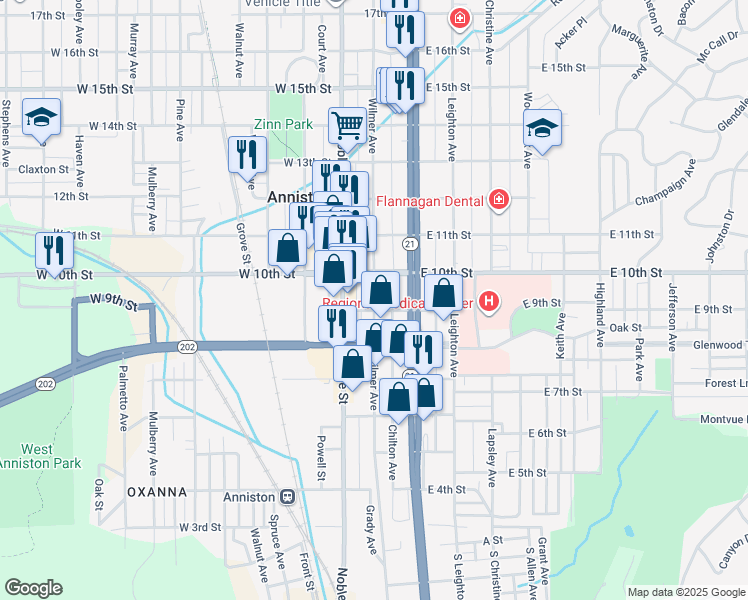 map of restaurants, bars, coffee shops, grocery stores, and more near 911 Wilmer Avenue in Anniston