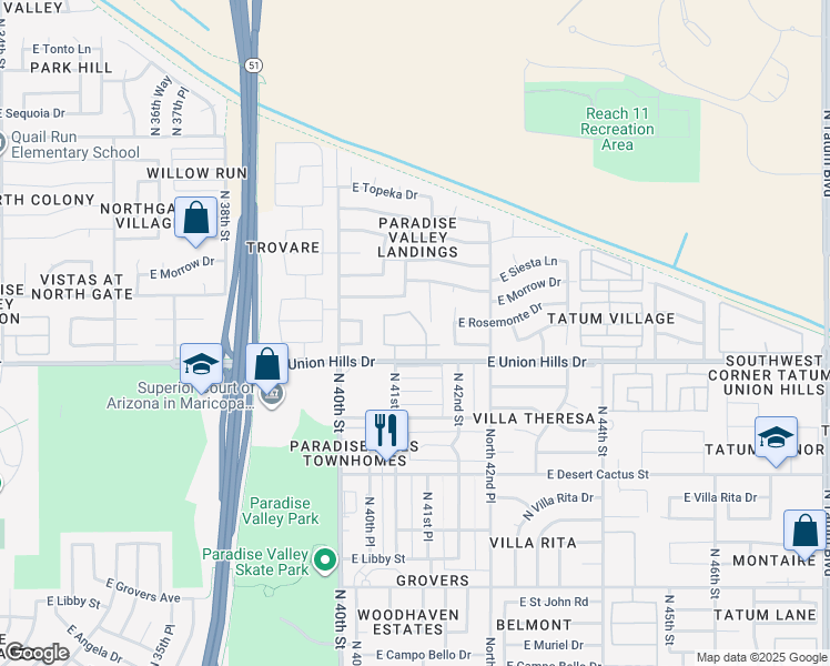 map of restaurants, bars, coffee shops, grocery stores, and more near 4114 East Union Hills Drive in Phoenix