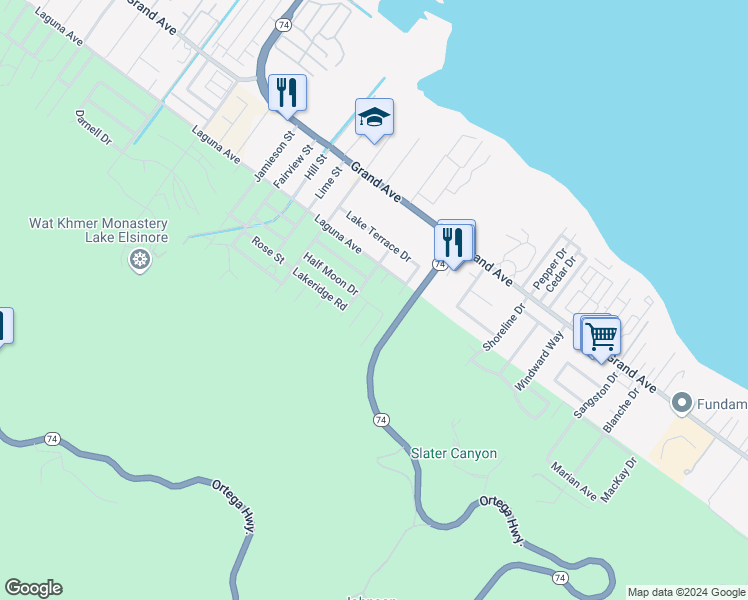 map of restaurants, bars, coffee shops, grocery stores, and more near 15770 Half Moon Drive in Lake Elsinore