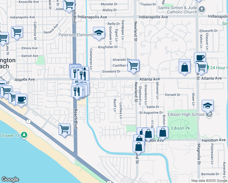 map of restaurants, bars, coffee shops, grocery stores, and more near 8318 Artista Drive in Huntington Beach