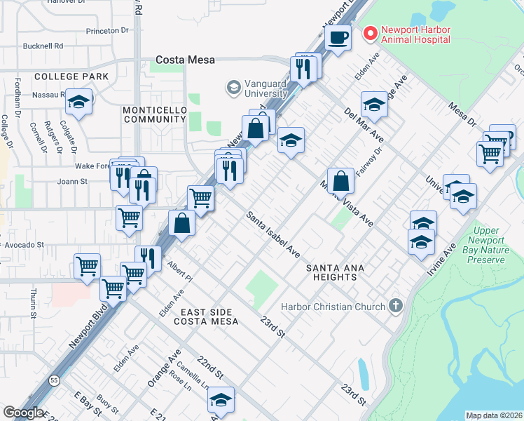 map of restaurants, bars, coffee shops, grocery stores, and more near in Costa Mesa