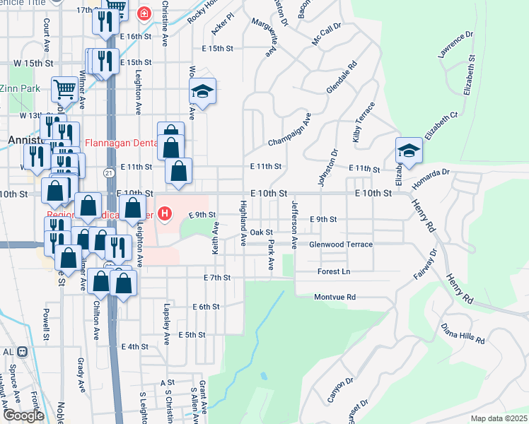 map of restaurants, bars, coffee shops, grocery stores, and more near 907 Montgomery Avenue in Anniston