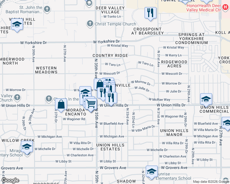 map of restaurants, bars, coffee shops, grocery stores, and more near 3414 West Union Hills Drive in Phoenix