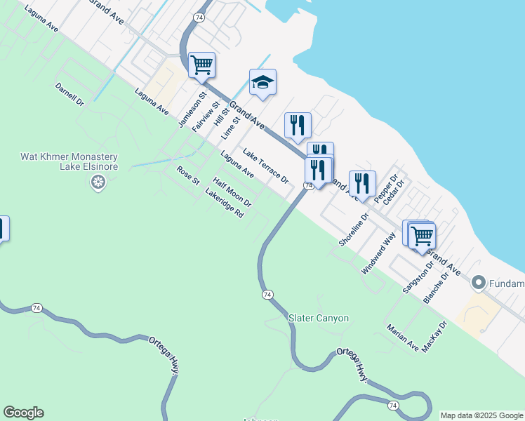 map of restaurants, bars, coffee shops, grocery stores, and more near 15770 Half Moon Drive in Lake Elsinore