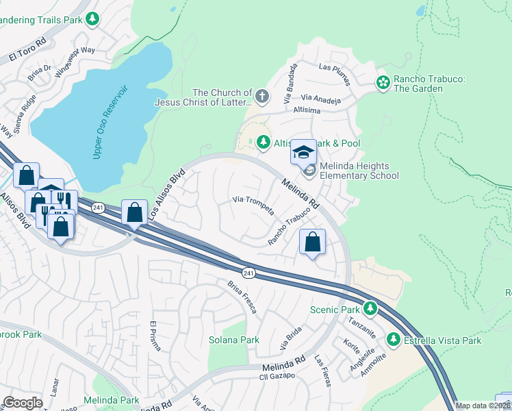 map of restaurants, bars, coffee shops, grocery stores, and more near 18 Vía Trompeta in Rancho Santa Margarita
