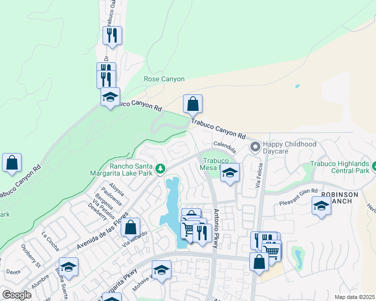 map of restaurants, bars, coffee shops, grocery stores, and more near 23 Vista Colinas in Rancho Santa Margarita
