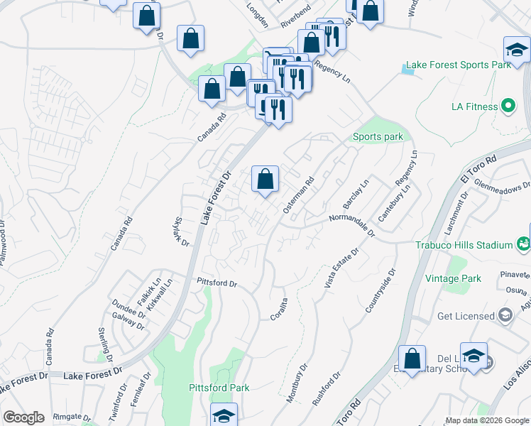 map of restaurants, bars, coffee shops, grocery stores, and more near 21122 Knights Glen in Lake Forest