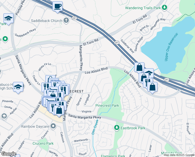 map of restaurants, bars, coffee shops, grocery stores, and more near 21092 Ponderosa in Mission Viejo