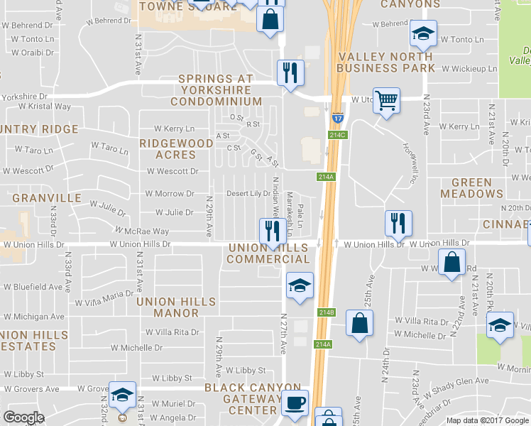 map of restaurants, bars, coffee shops, grocery stores, and more near La Quinta Ln in Phoenix
