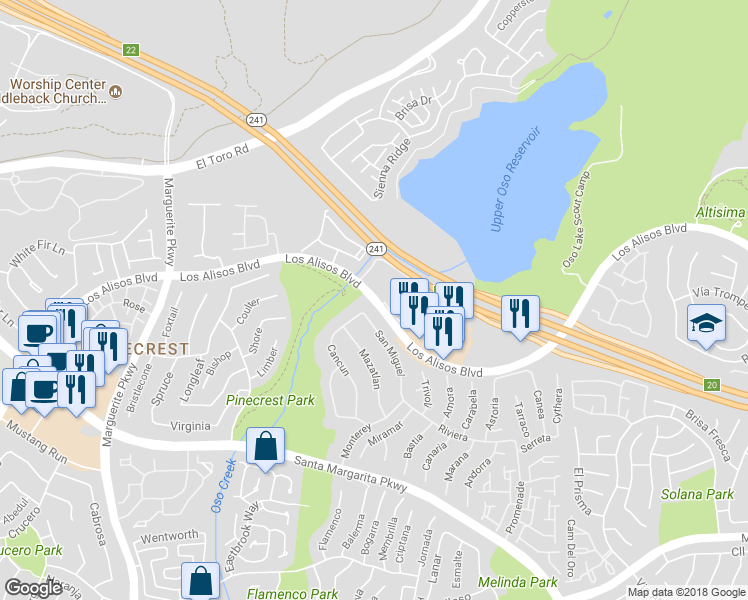 map of restaurants, bars, coffee shops, grocery stores, and more near Los Alisos Boulevard in Mission Viejo