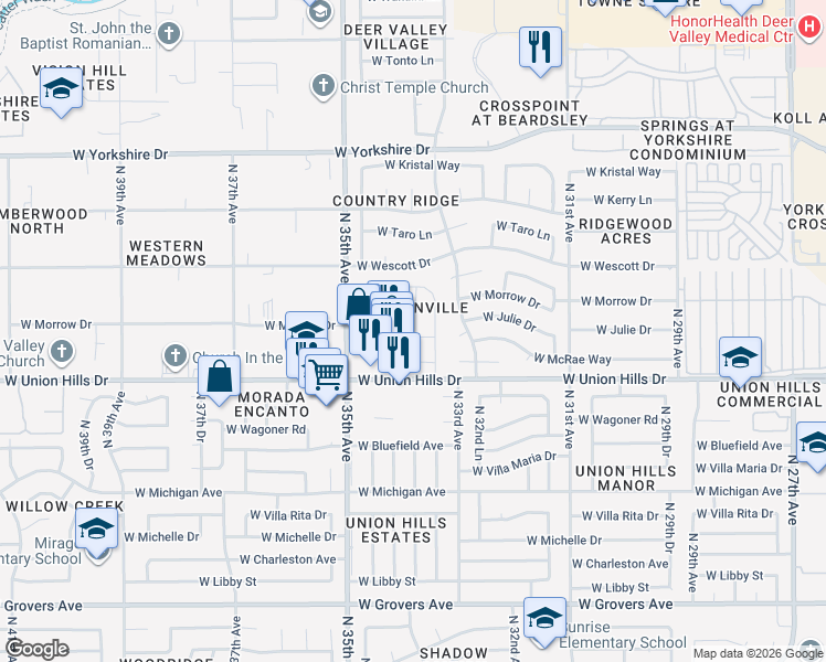 map of restaurants, bars, coffee shops, grocery stores, and more near 3414 West Union Hills Drive in Phoenix