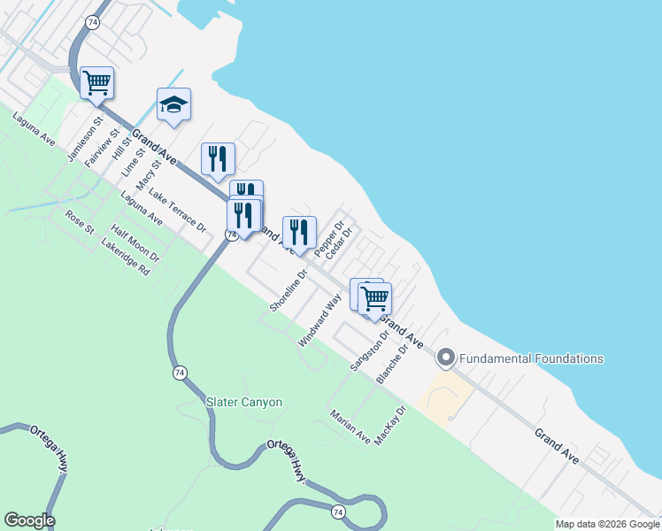 map of restaurants, bars, coffee shops, grocery stores, and more near 15148 Anchor Way in Lake Elsinore