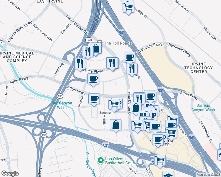 map of restaurants, bars, coffee shops, grocery stores, and more near 7725 Meridian in Irvine