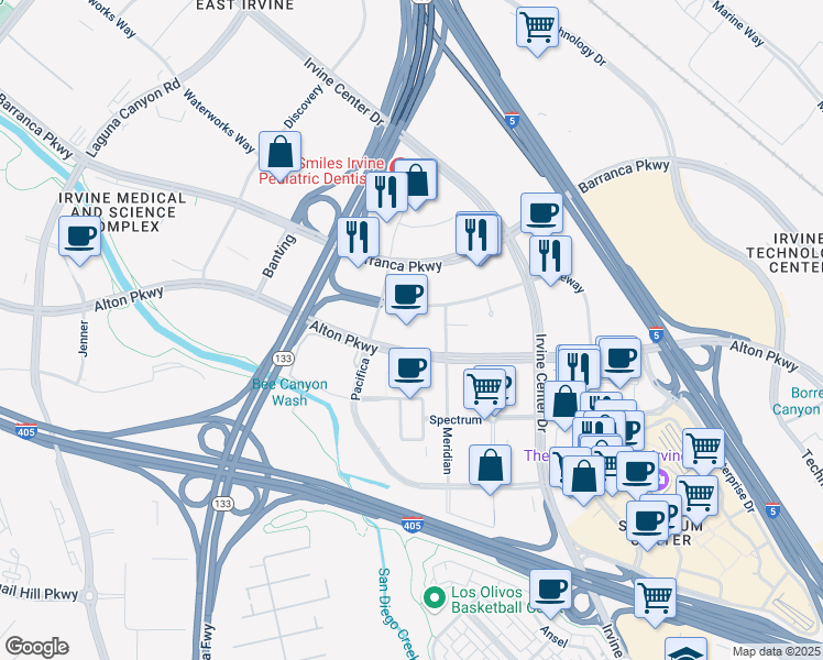 map of restaurants, bars, coffee shops, grocery stores, and more near 7614 Alton Parkway in Irvine