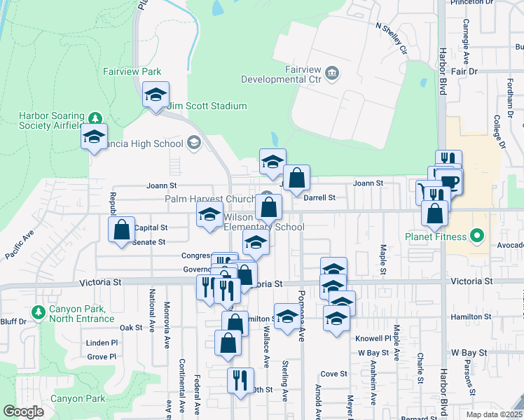 map of restaurants, bars, coffee shops, grocery stores, and more near 2232 Wallace Avenue in Costa Mesa