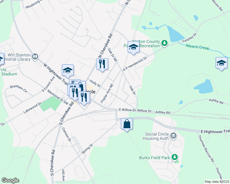 map of restaurants, bars, coffee shops, grocery stores, and more near 190 Spruce Avenue in Social Circle
