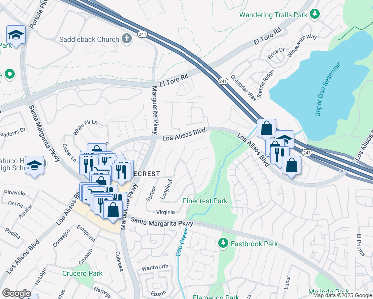 map of restaurants, bars, coffee shops, grocery stores, and more near 21092 Ponderosa in Mission Viejo