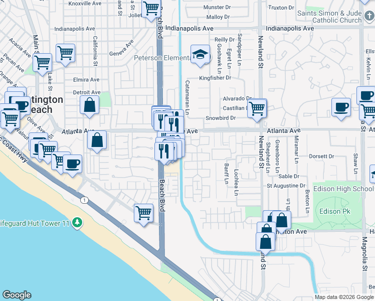 map of restaurants, bars, coffee shops, grocery stores, and more near 8125 Woolburn Drive in Huntington Beach