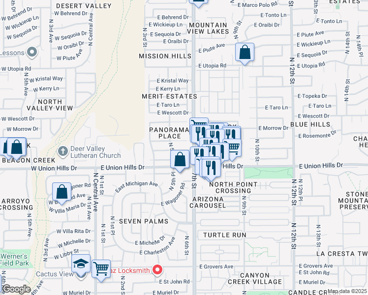 map of restaurants, bars, coffee shops, grocery stores, and more near 538 East Rockwood Drive in Phoenix