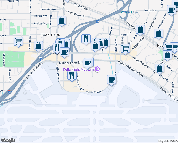 map of restaurants, bars, coffee shops, grocery stores, and more near 1030 Delta Boulevard in Atlanta