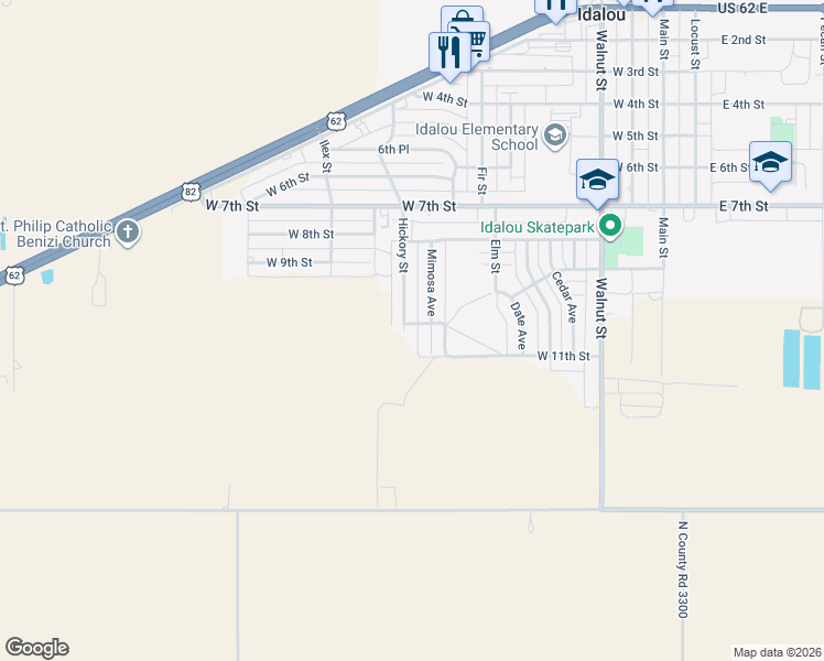 map of restaurants, bars, coffee shops, grocery stores, and more near 712 West 10th Street in Idalou