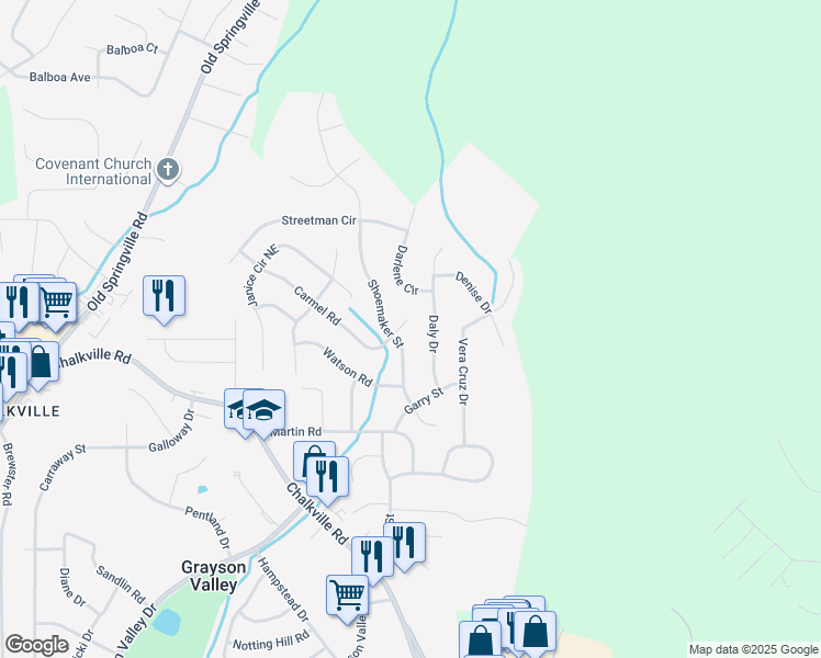 map of restaurants, bars, coffee shops, grocery stores, and more near 2607 Carmel Road in Birmingham