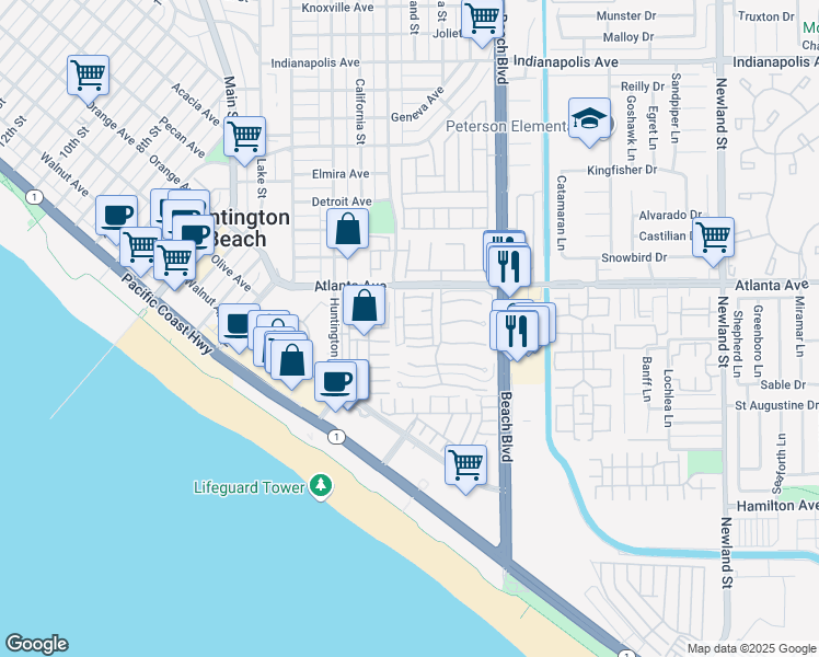 map of restaurants, bars, coffee shops, grocery stores, and more near 7802 Bayport Drive in Huntington Beach